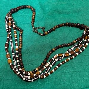 Gorgeous wood, seed, and bone beaded necklace